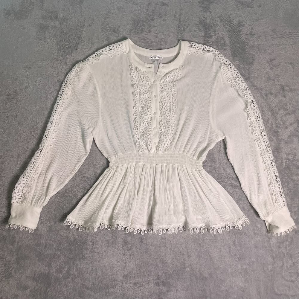 Venus Lace Trim Peplum Blouse Womens 10 White Boho Cottagecore Romantic Top - Picture 2 of 7